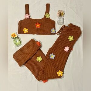 Brown crochet Flower-Embellished Set
